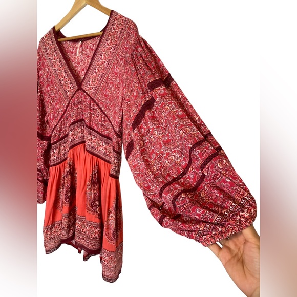 Free People Boho Dress Luna Scarf Print Red Coastal Cowgirl Balloon Sleeves XS - Picture 10 of 15
